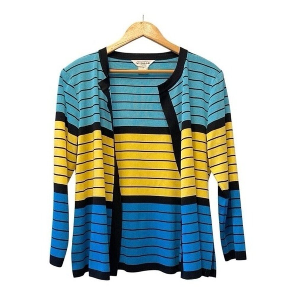 Misook Petite Striped Colorblock Open Front Cardigan Blue Yellow Black Size‎ MP